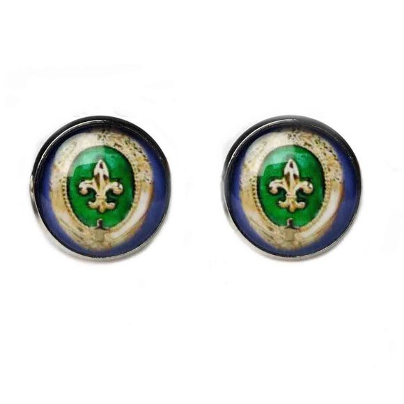 Gascoigne Cufflinks Fleur de Lis Purple Tan Green Silver Men's - Picture 1 of 2